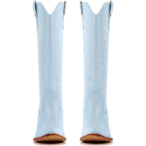 Women's Blue Hearts Cute Embroidery Chunky Knee Block High Heel Western Boots - Picture 5 of 7